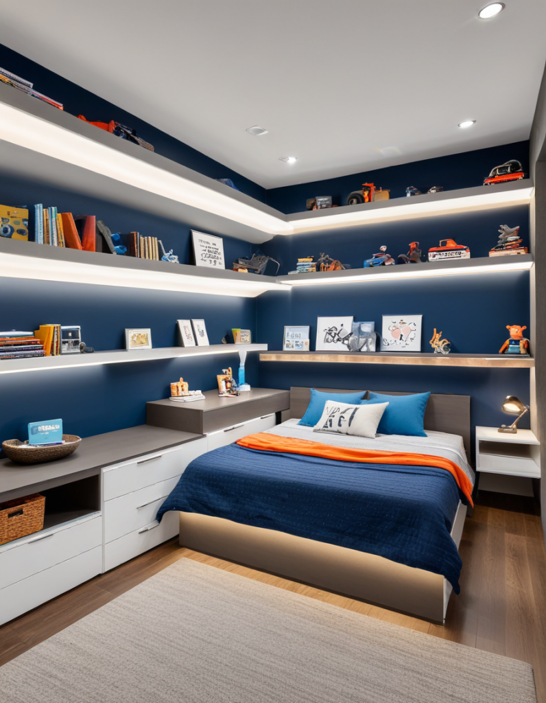 A modern bedroom with a blue and white color scheme, featuring a bed, shelves, and a desk with drawers.