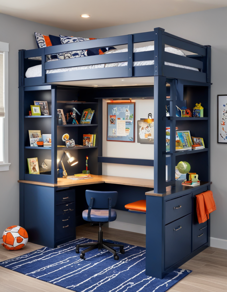 A bedroom with a blue loft bed, a built-in desk and shelves underneath, and a blue rug on the floor.