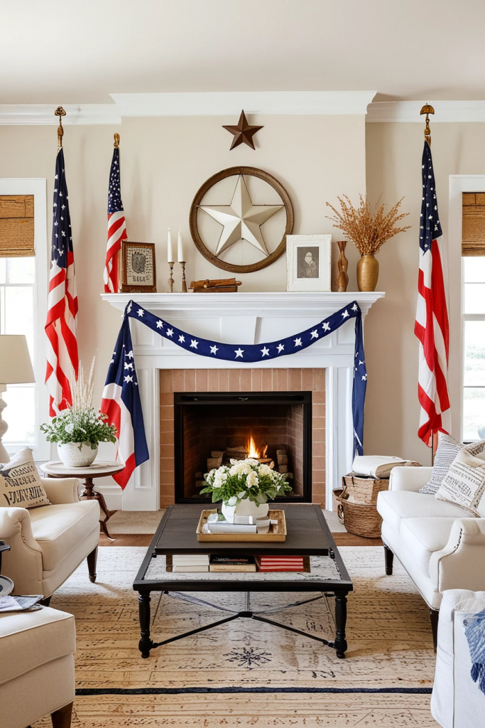 Patriotic Charm Meets Retro Comfort: 65 Vintage-Inspired 4th Of July Living Room Ideas