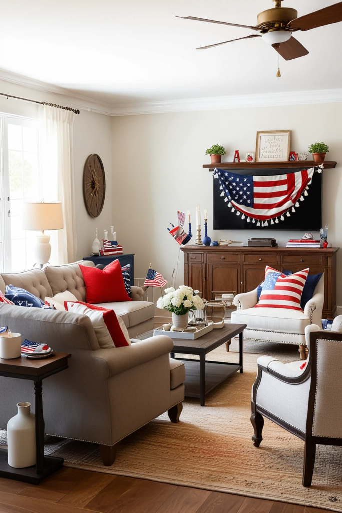 Patriotic Charm Meets Retro Comfort: 65 Vintage-Inspired 4th Of July Living Room Ideas