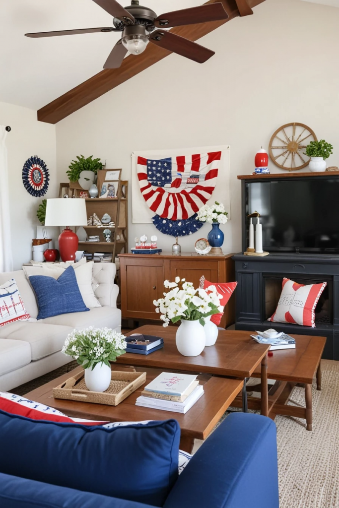 Patriotic Charm Meets Retro Comfort: 65 Vintage-Inspired 4th Of July Living Room Ideas