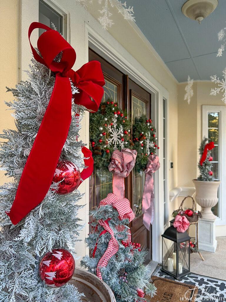 Traditional Frosted Front Porch with Red Bows — Simple Christmas Decor