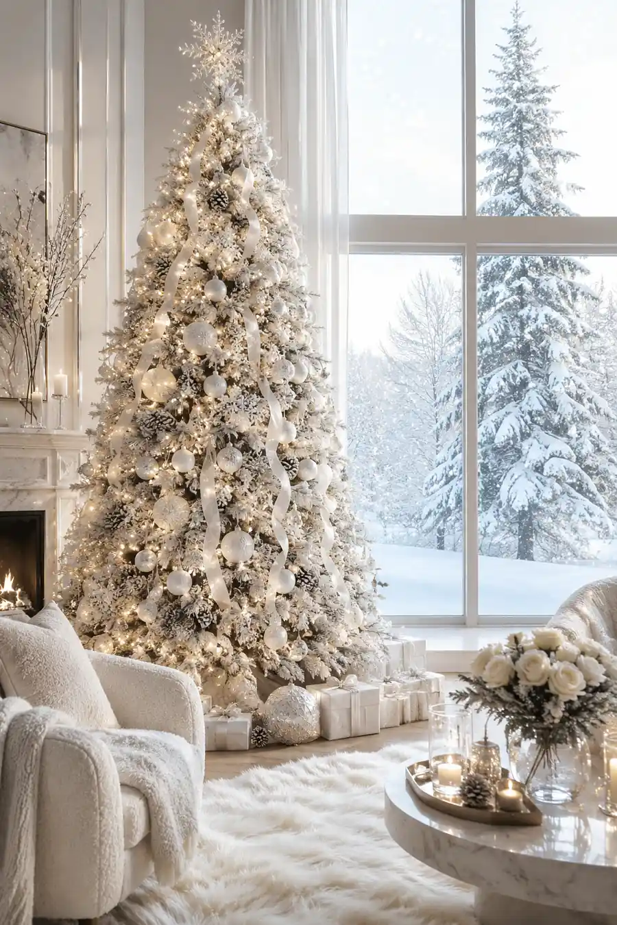 Luxurious Living Room with a Heavily Flocked Christmas Tree and Faux Fur Rug Luxurious Living Room with a Heavily Flocked Christmas Tree and Faux Fur Rug — White Christmas Decor