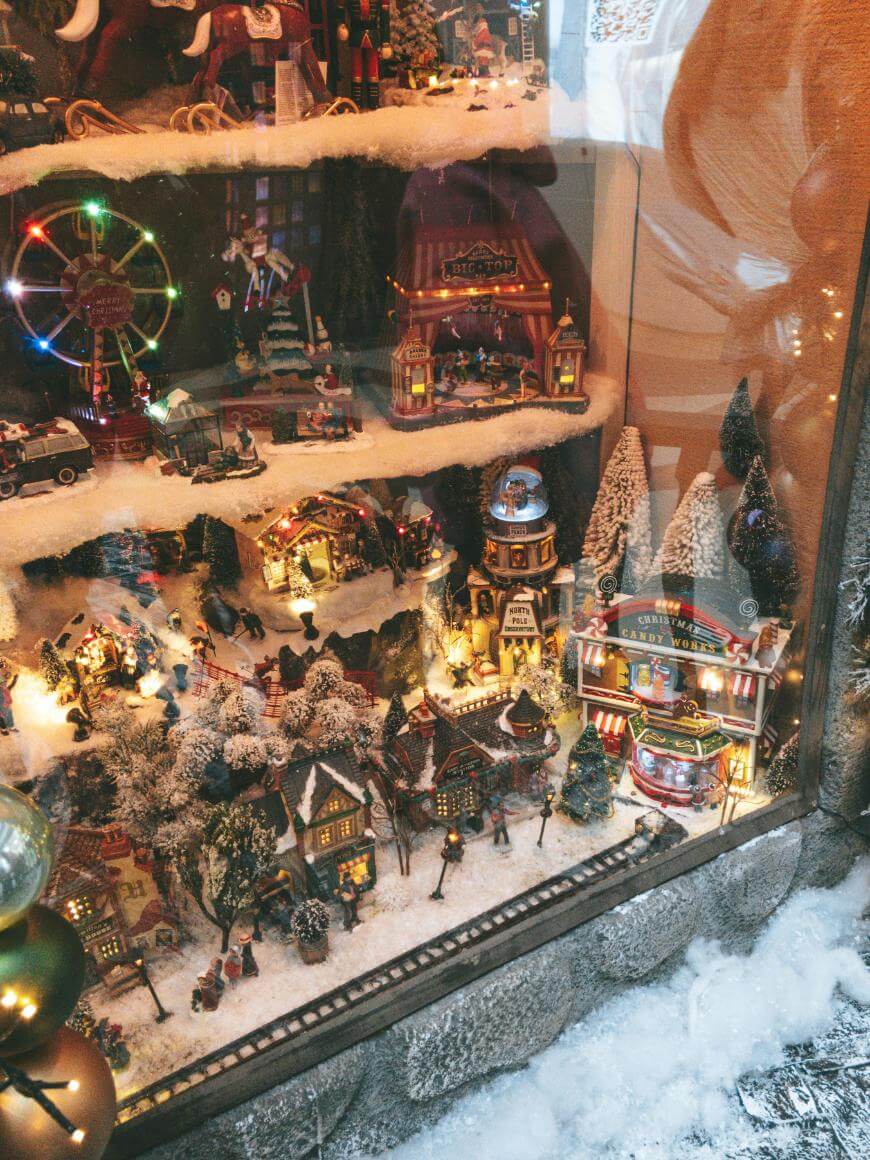 Whimsical Multi-Layered Village in a Glass Case Whimsical Multi-Layered Village in a Glass Case — Christmas Village Display
