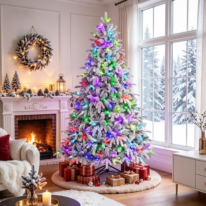 Tree Centered In Front Of Fireplace Modern Farmhouse Living Room with Heavily Flocked Tree and Multicolor Lights Tree Centered In Front Of Fireplace Modern Farmhouse Living Room with Heavily Flocked Tree and Multicolor Lights — Christmas