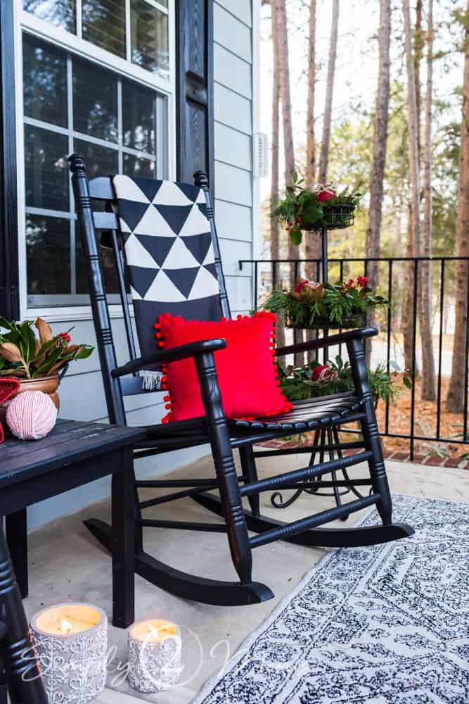 Modern Farmhouse Rocking Chair with Bold Red Pillow — Simple Christmas Outdoor Decor