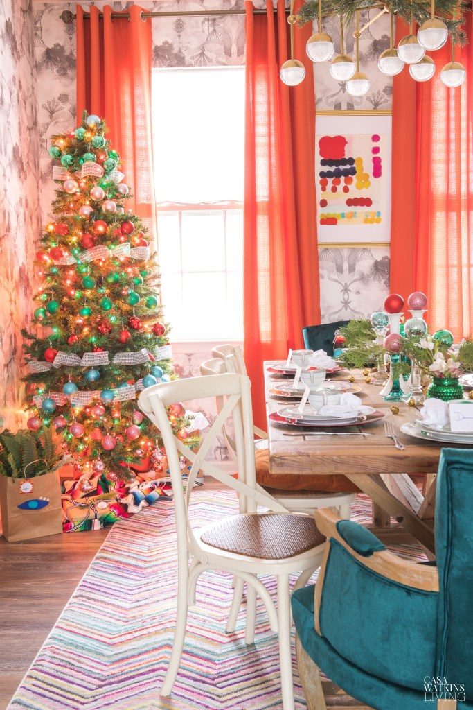 Vibrant Eclectic Dining with Bold Colors and a Bright Christmas Tree — Christmas Dining Room Decor