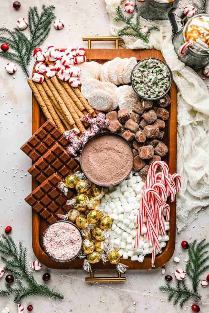 Flat Lay On A Wooden Board Visual Idea — Christmas Hot Cocoa Bar