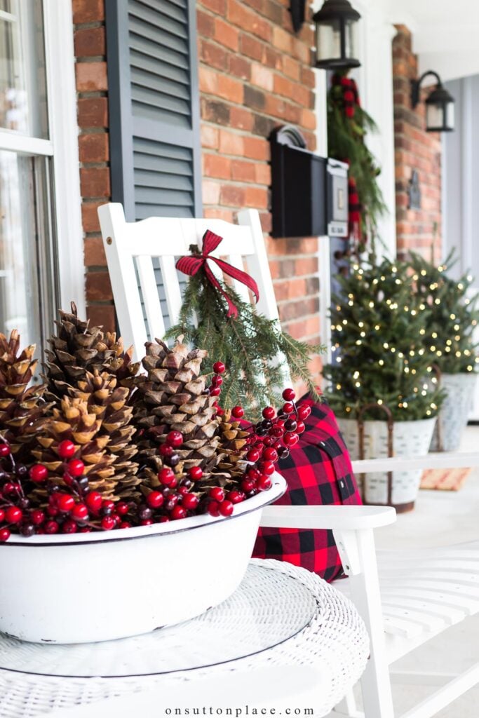 Farmhouse Porch with Rocking Chair and Pinecone Bowl Farmhouse Porch with Rocking Chair and Pinecone Bowl — Christmas Porch Decor
