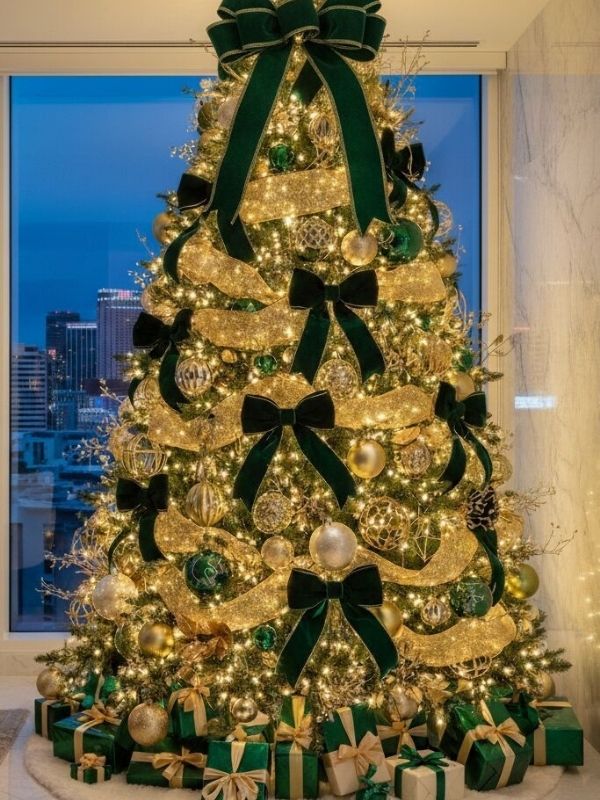 Glamorous Emerald Green and Gold Tree with Velvet Bows Glamorous Emerald Green and Gold Tree with Velvet Bows — Christmas Tree Trends 2026