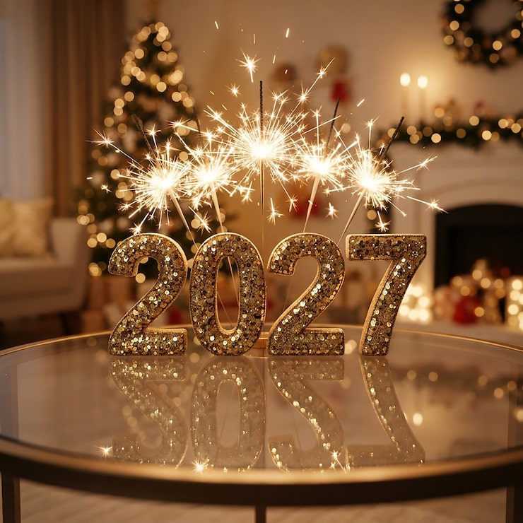 Cozy Living Room Vignette with Glitter '2027' Numbers and Sparklers — New Years Eve Party 2027