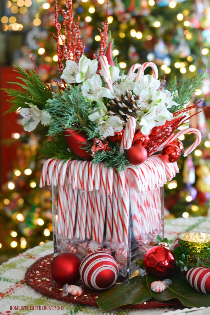 Merry and Bright Candy Cane Christmas Tablescape + DIY Candy Cane Floral Centerpiece – Home is Where the Boat Is