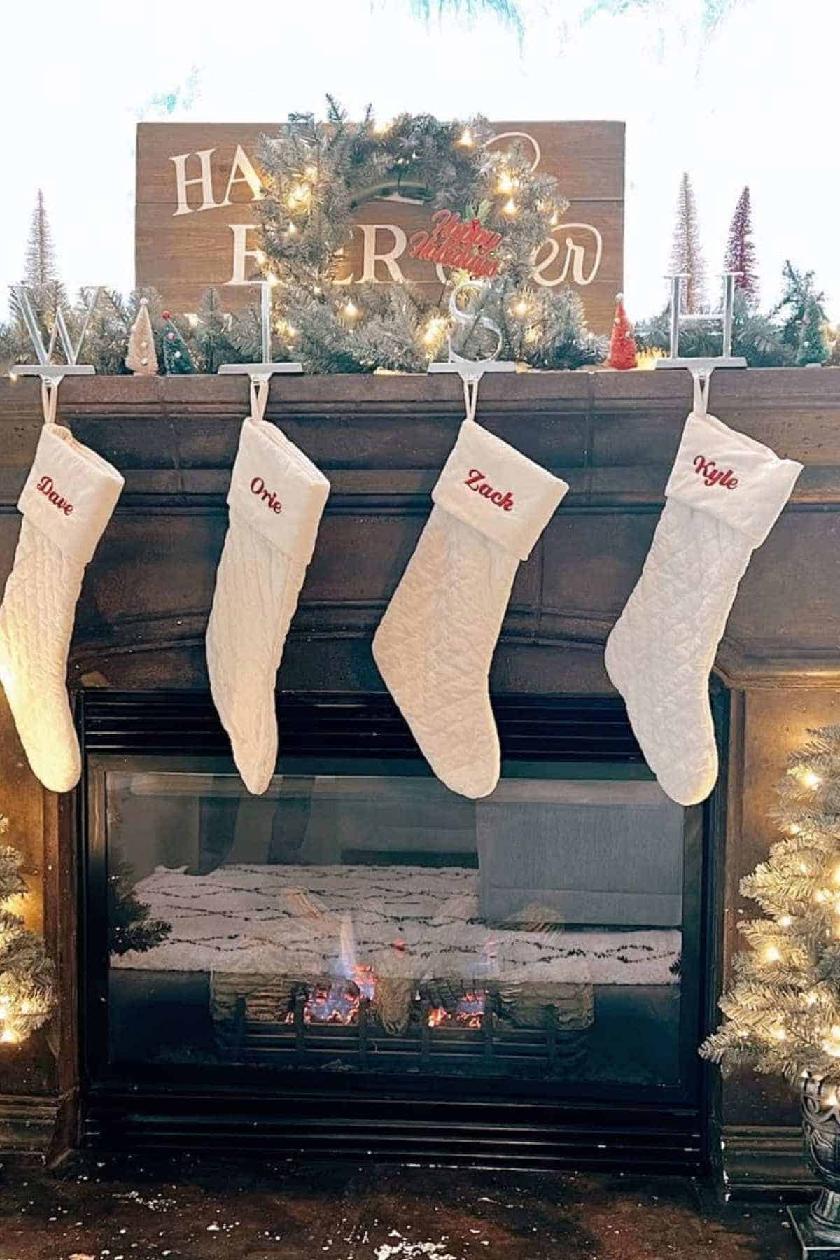 Personalized Quilted Stockings on Fireplace Mantel — Christmas Stockings Display