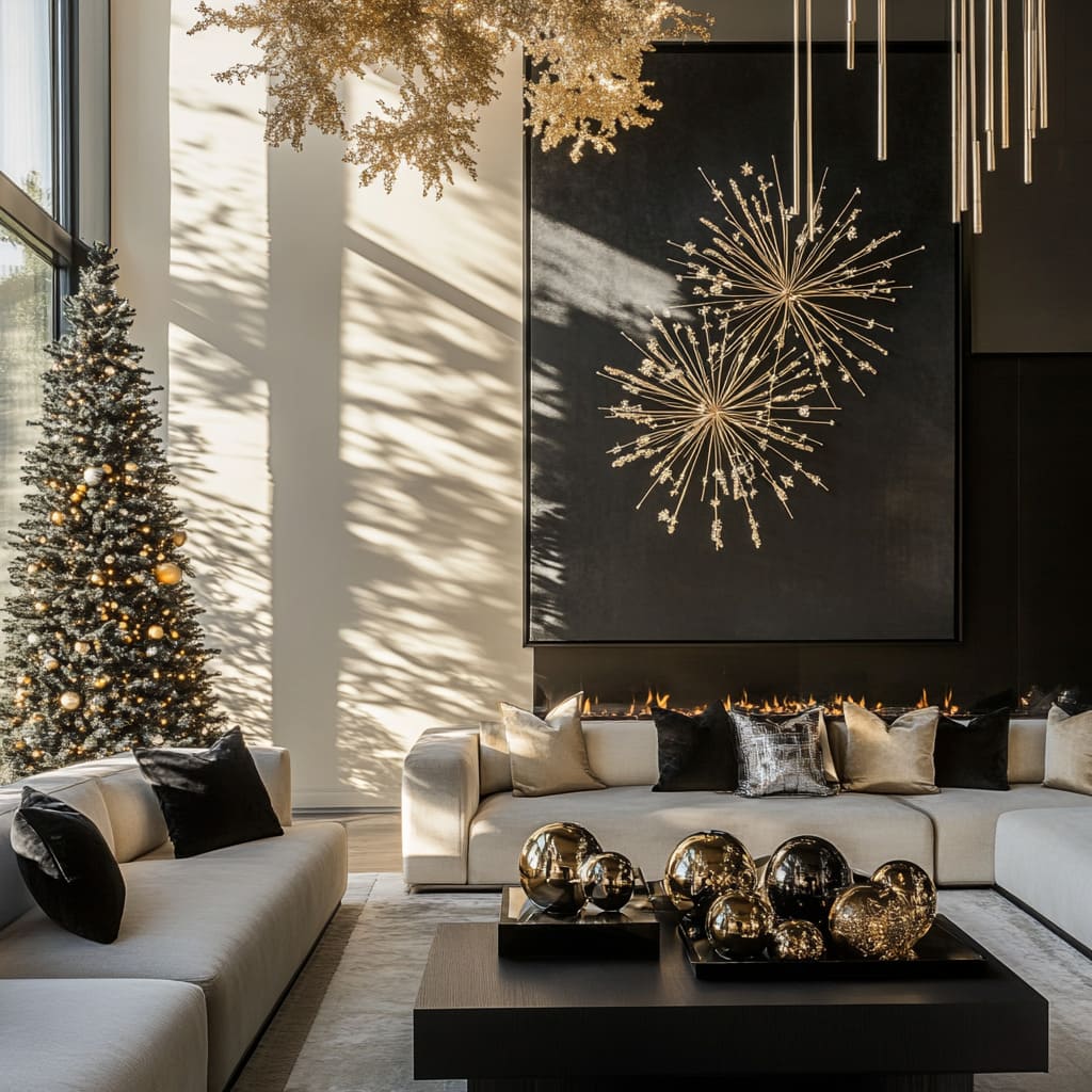 Luxurious Modern Living Room with Dramatic Gold Artwork and Christmas Tree — Modern Christmas Decor