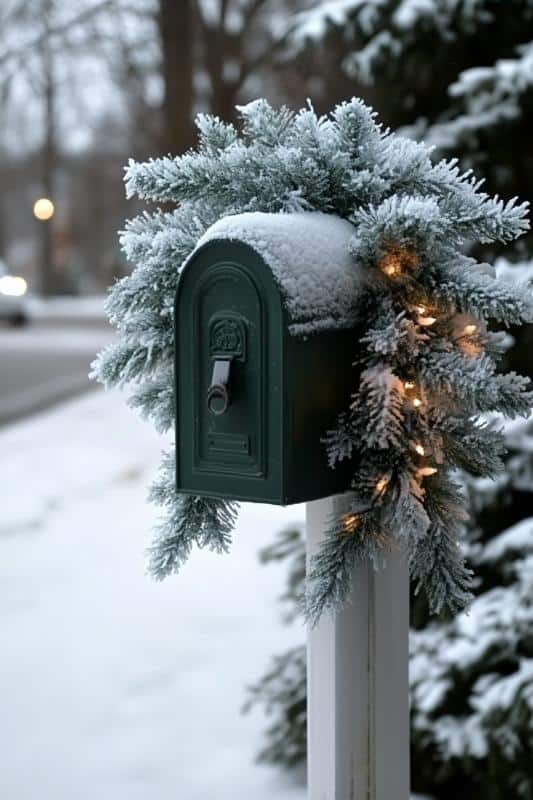 Snow-Dusted Evergreen Garland and Fairy Lights on Dark Green Mailbox — Christmas Mailbox Decor