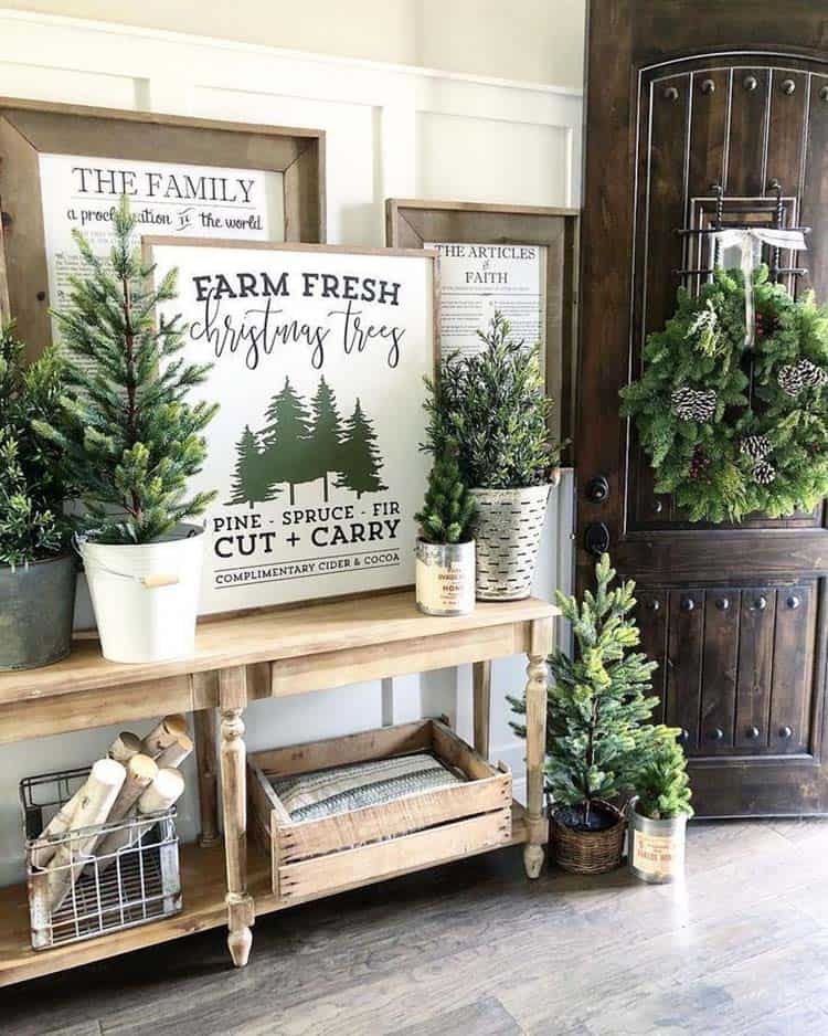 Farmhouse Entryway Console with Christmas Trees and Festive Signs Farmhouse Entryway Console with Christmas Trees and Festive Signs — Christmas Entryway Decor