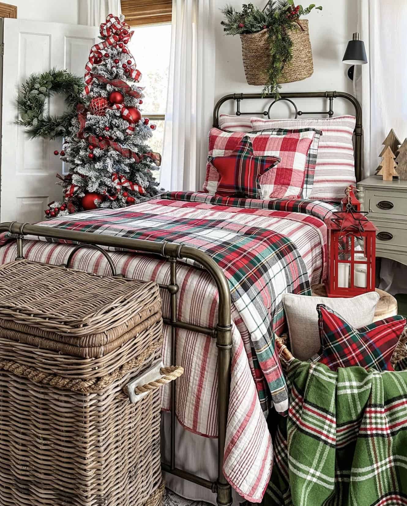 Farmhouse Bedroom with Plaid Bedding and a Flocked Tree Farmhouse Bedroom with Plaid Bedding and a Flocked Tree — Cozy Christmas Decor