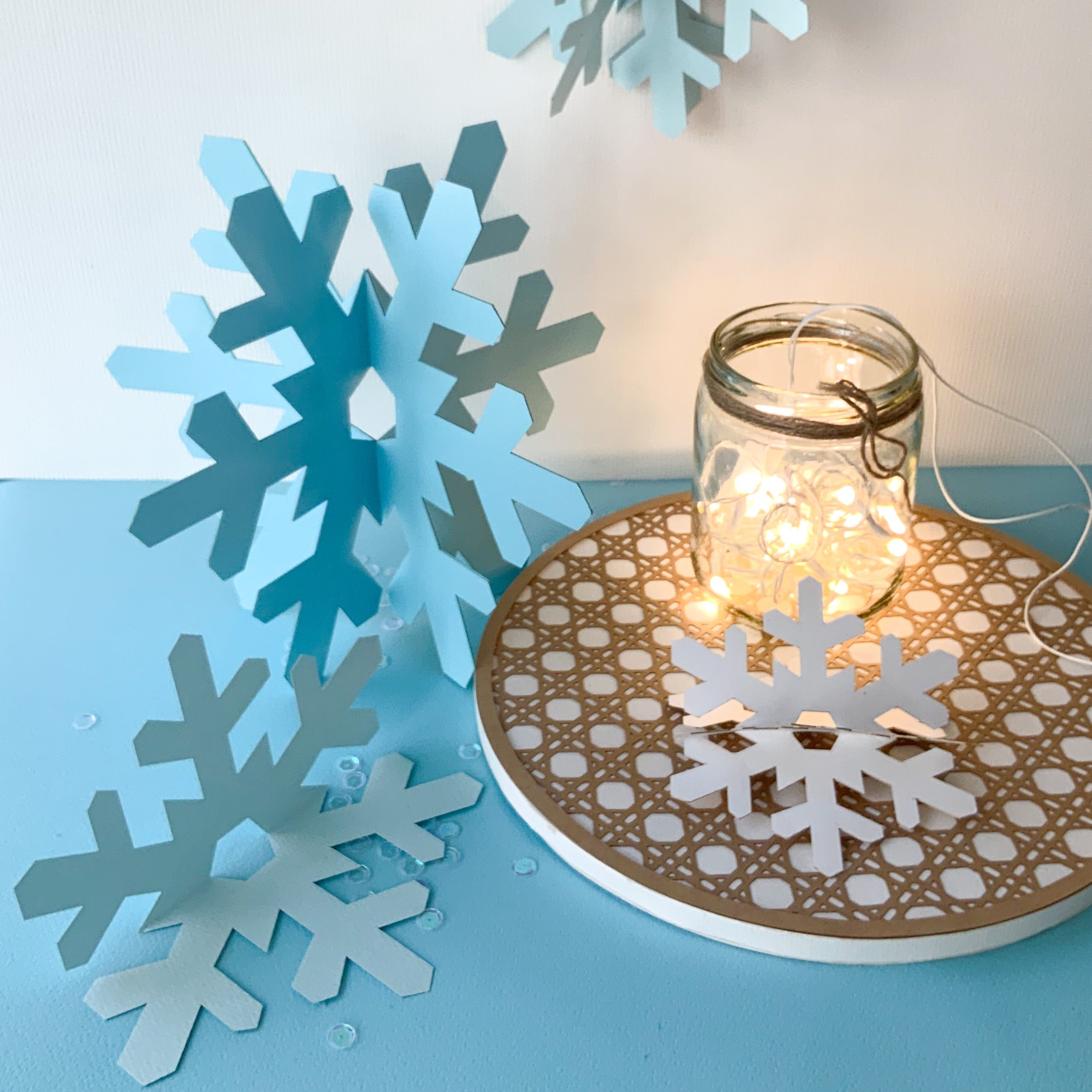 Winter Vignette with Blue and White 3D Paper Snowflakes