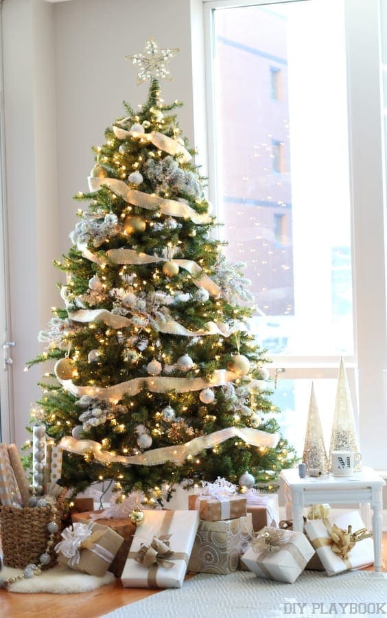 Glamorous Gold and Silver Tree with Wide Ribbon and Natural Light — Christmas Tree Color Schemes