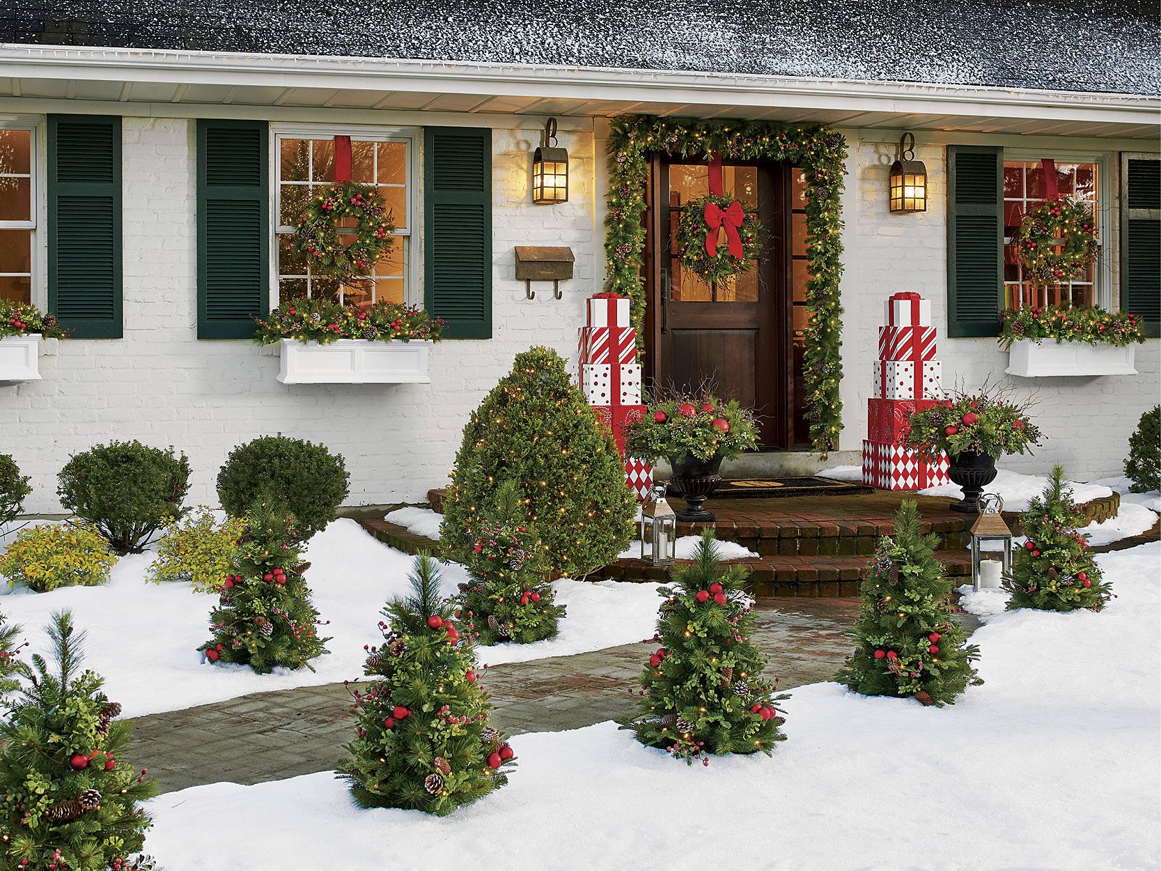 Charming Pathway with Miniature Decorated Christmas Trees — Christmas House Exterior Decor