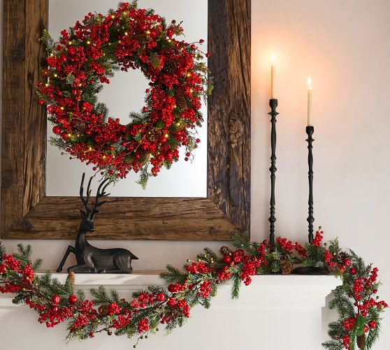 Fairy Light Embellished Wreath on a Mantel — Christmas Wreath