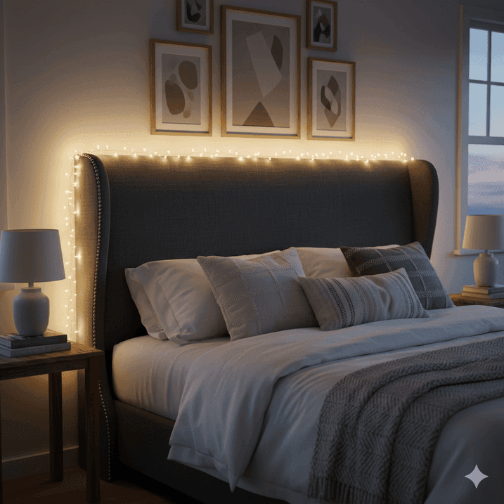 Modern Grey Upholstered Headboard Outlined by Warm White Fairy Lights — Christmas Fairy Lights Headboard