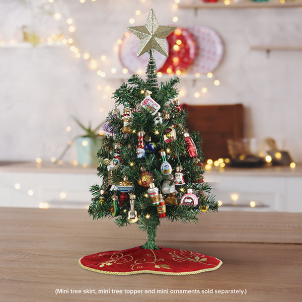Traditional Mini Tree with Ornate Tree Skirt on Kitchen Counter — Small Christmas Tree Decor