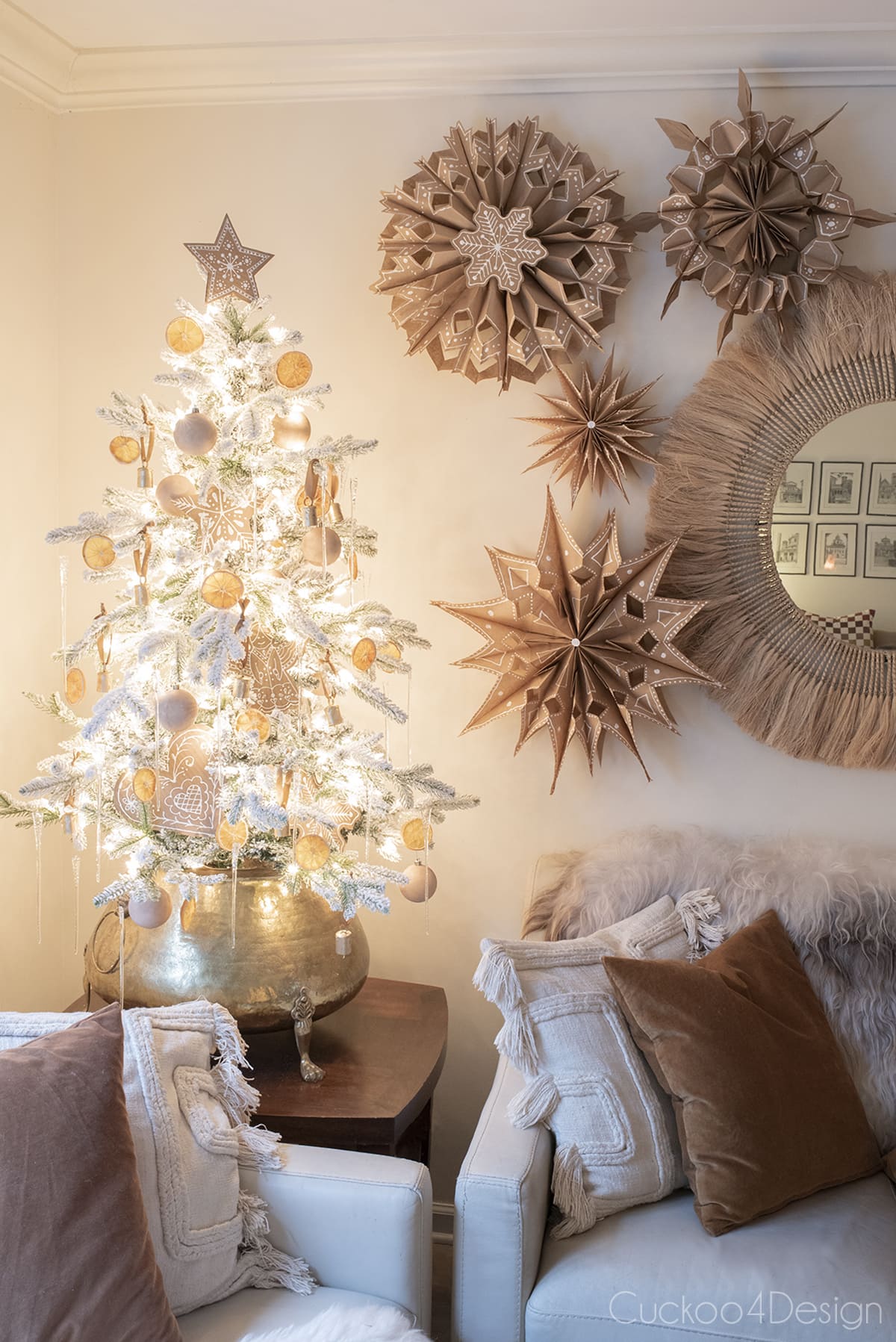 Boho Living Room with Gingerbread Accents and Paper Stars — Gingerbread Christmas Decor