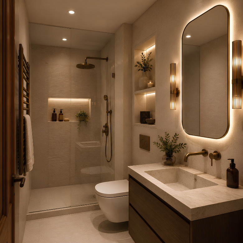 Compact Modern Bathroom with Textured Wall Tiles — Shower Room Ideas