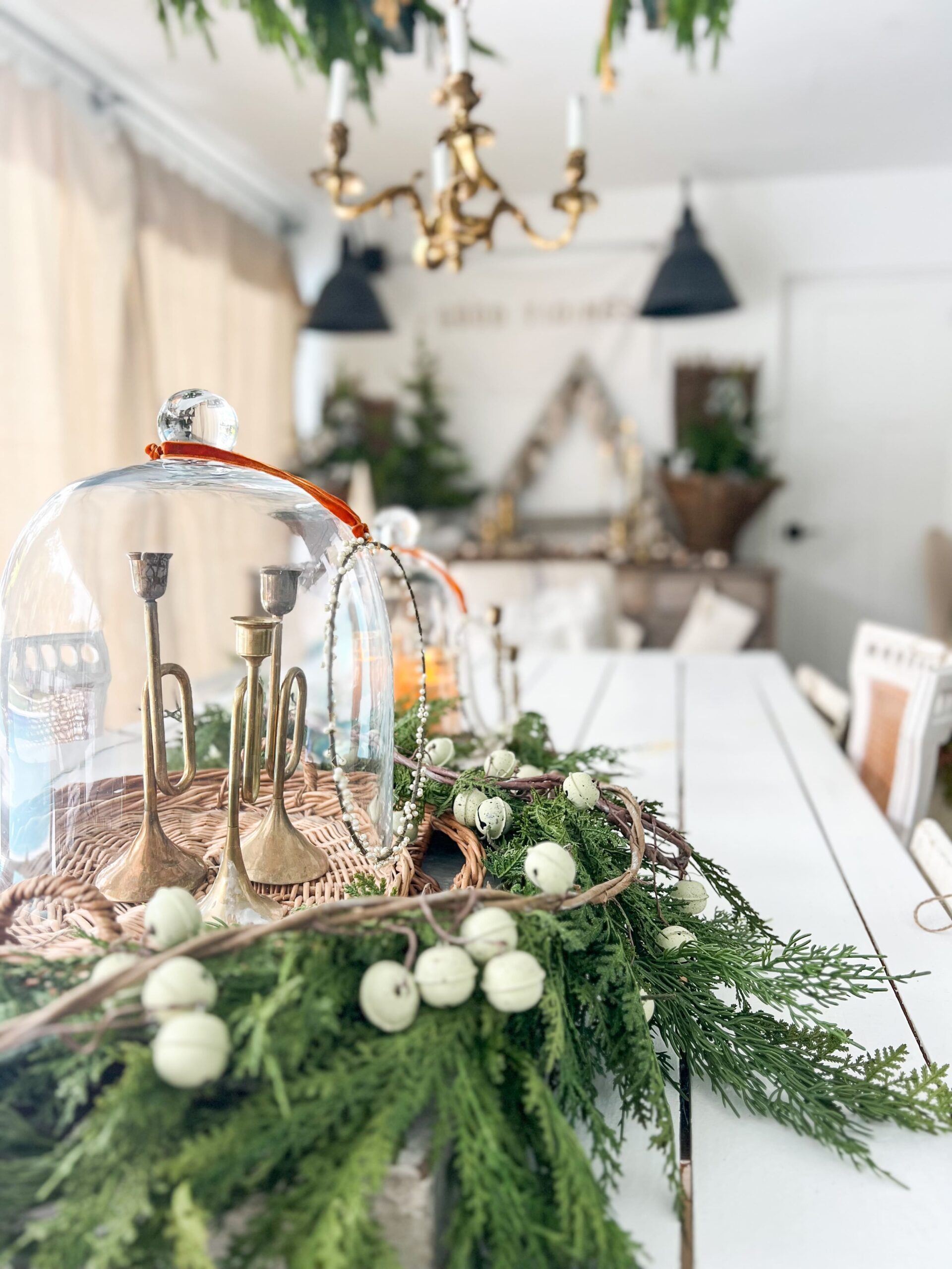 Farmhouse Dining Table with Candlesticks Under a Glass Cloche — Christmas Candle Decor