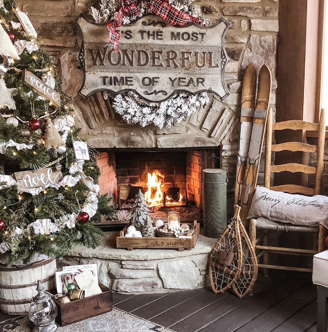 Cozy Farmhouse Fireplace with Vintage Skis Cozy Farmhouse Fireplace with Vintage Skis — Farmhouse Christmas Tree