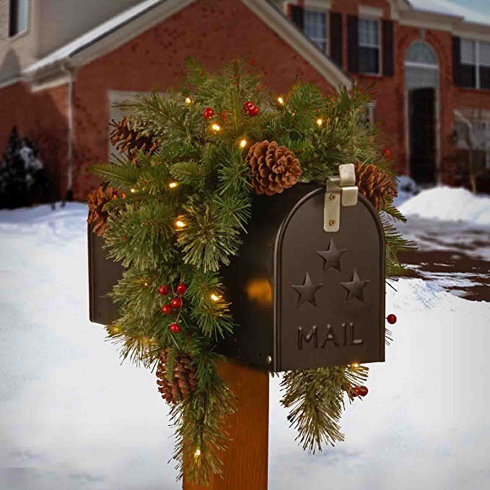Traditional Swag with Pine, Berries, and Lights for a Snowy Yard Mailbox — Christmas Mailbox Decor
