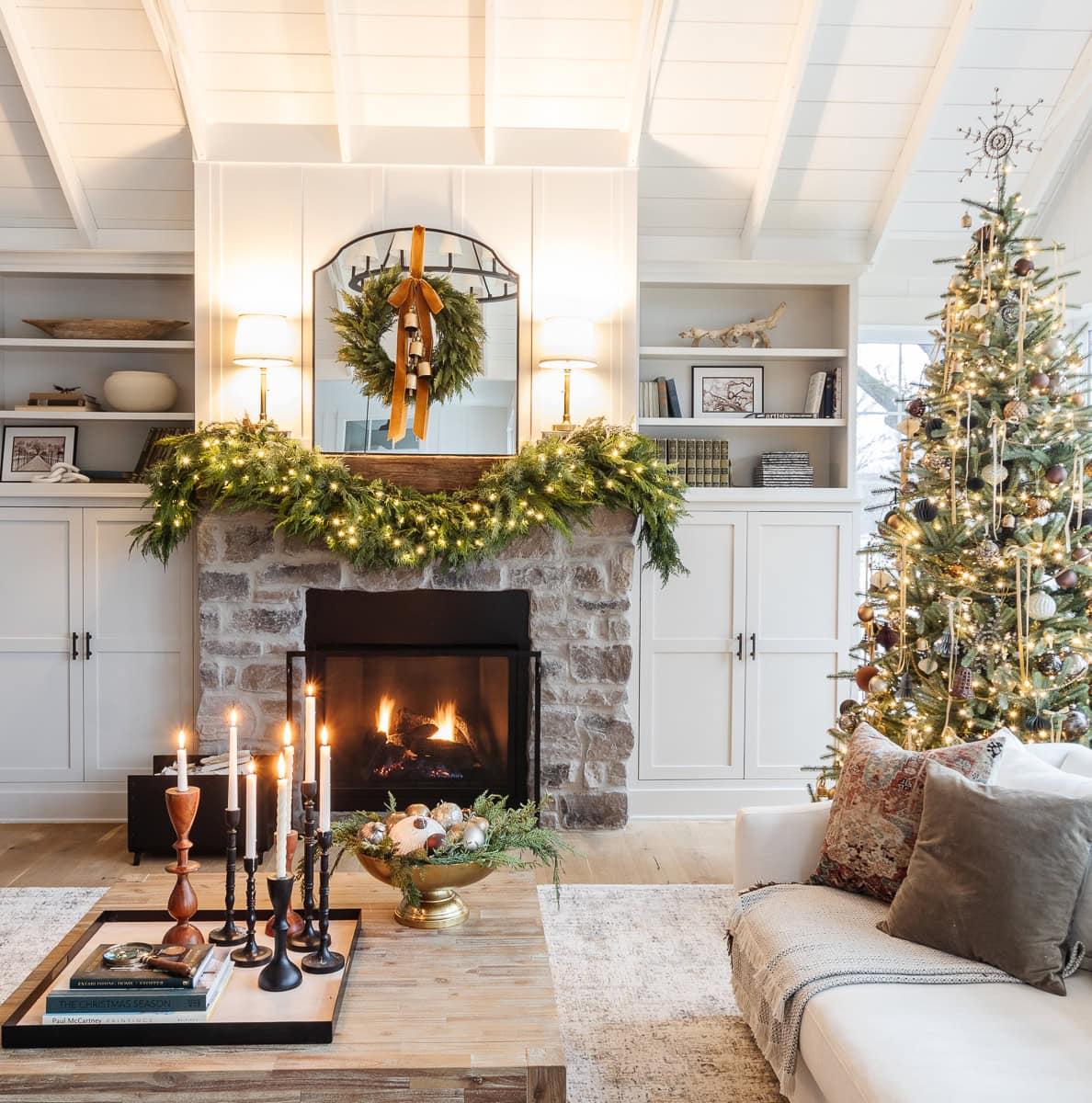 Stone Fireplace with Abundant Christmas Garland — Rustic Christmas Decor