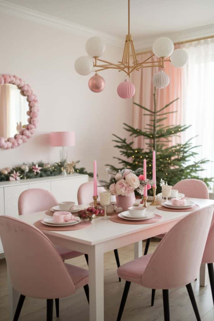 Modern Dining Room with a Soft Pink Christmas Theme — Christmas Dining Room Decor