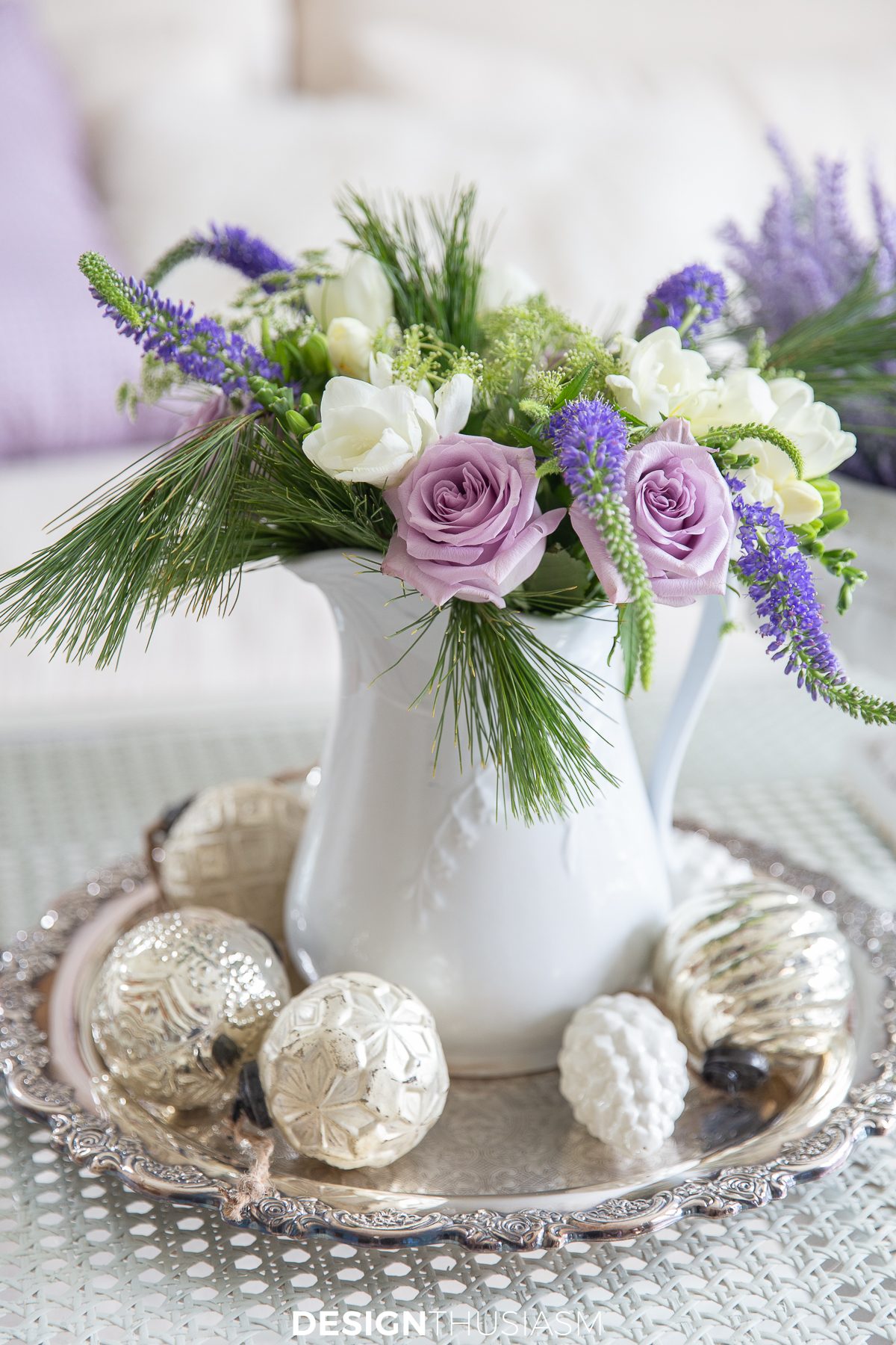 Winter Floral Arrangement with Gold Ornaments Winter Floral Arrangement with Gold Ornaments — Winter Decor After Christmas