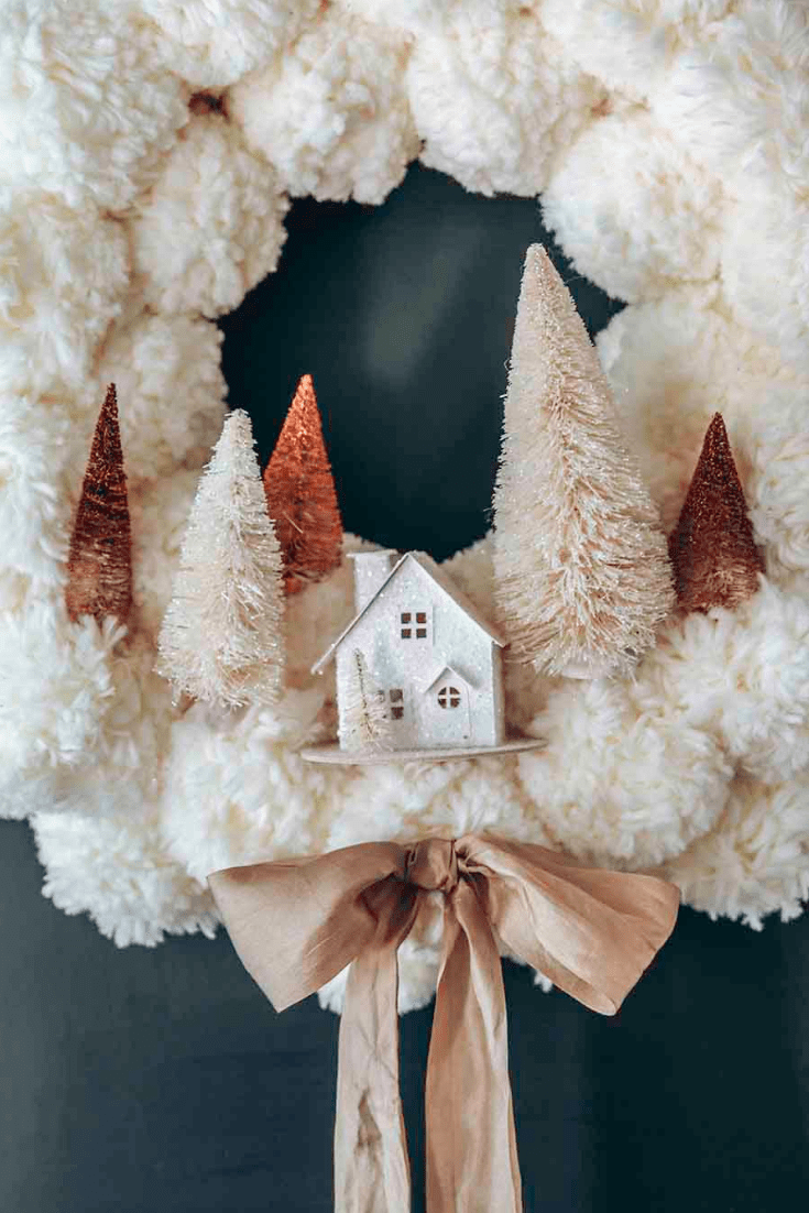 Whimsical Pom Pom Wreath with Miniature House and Copper Accents — DIY Christmas Wreath