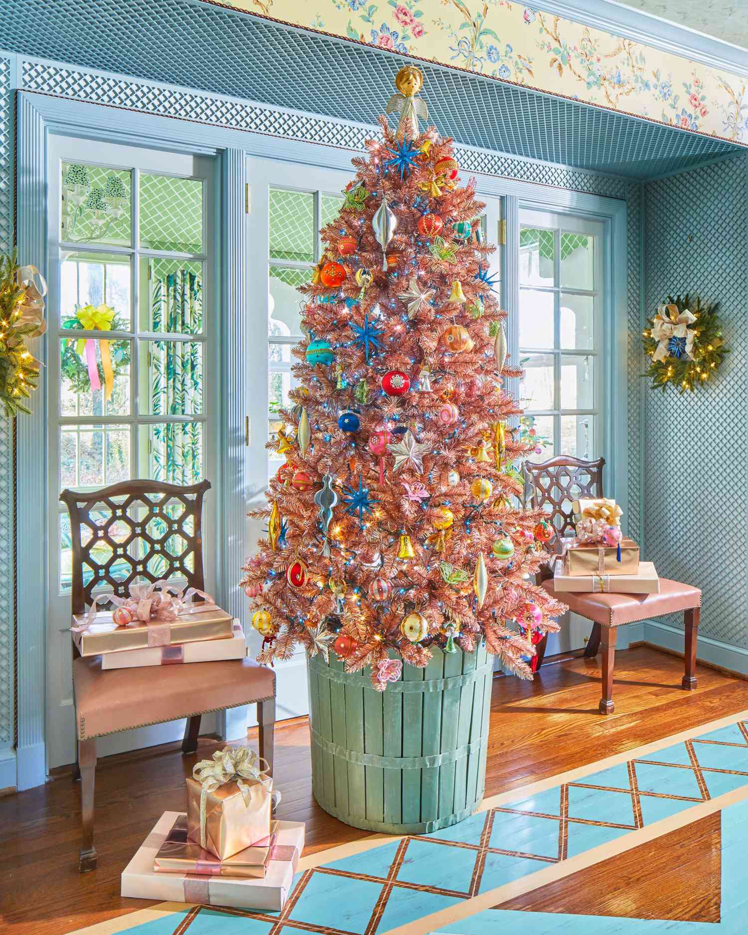 Copper Christmas Tree with Colorful Ornaments — Whimsical Christmas Decor