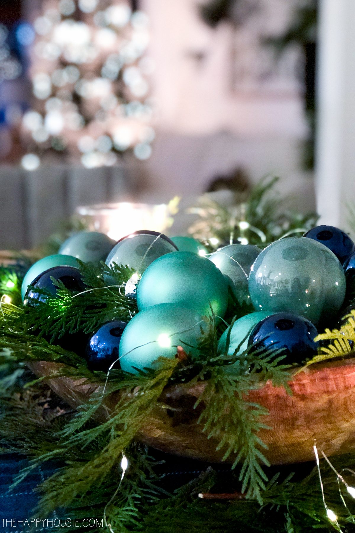 Modern Wooden Bowl with Teal and Navy Ornaments — Christmas Centerpiece
