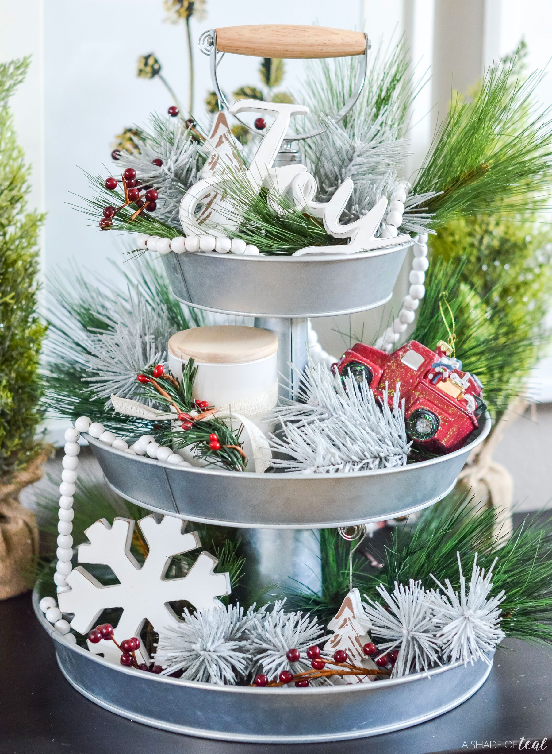 Galvanized Farmhouse Tiered Tray with 'Joy' Cutout and Red Truck Galvanized Farmhouse Tiered Tray with 'Joy' Cutout and Red Truck — Christmas Tiered Tray