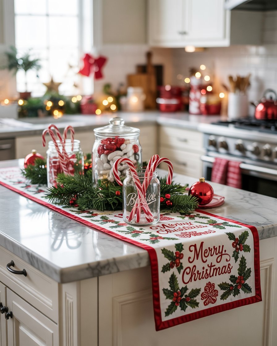 Traditional Kitchen Island with Candy Cane Centerpiece and Festive Runner — Christmas Kitchen Decor
