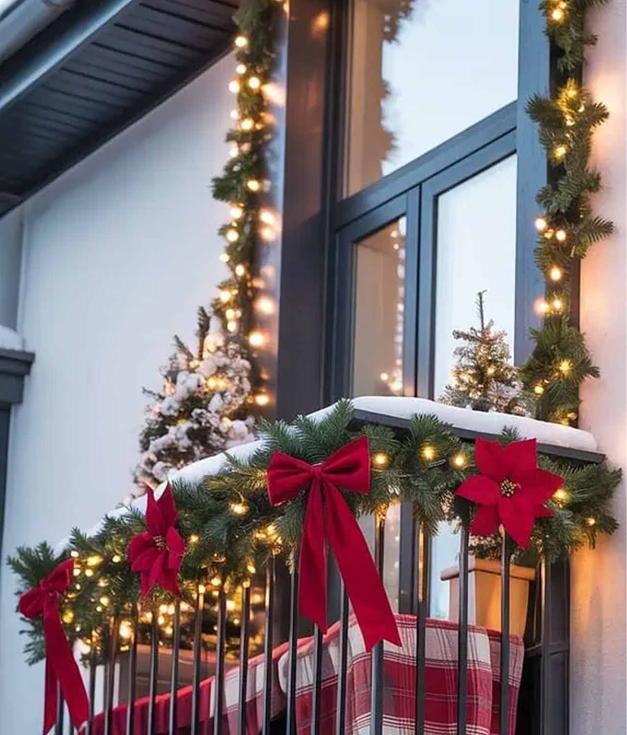 Garland, Bows, and Poinsettias for a Cheerful Balcony Railing — Christmas Balcony Decor