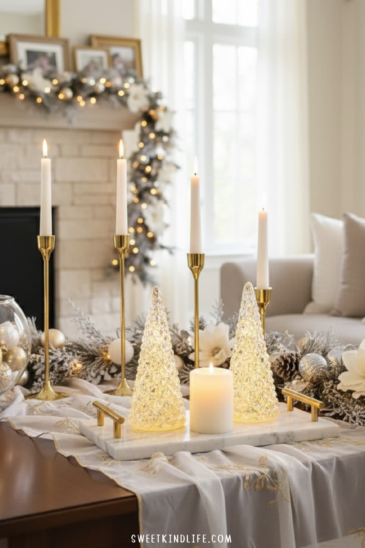 Glam Neutral Coffee Table with Illuminated Glass Trees Glam Neutral Coffee Table with Illuminated Glass Trees — Christmas Coffee Table Decor