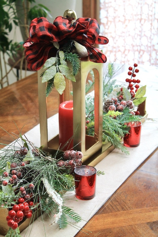 Rustic Table Centerpiece with Lantern and Buffalo Check Bow — Simple Christmas Decor