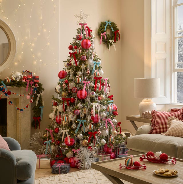 Traditional Christmas Living Room with Abundant Red and Pink Baubles Traditional Christmas Living Room with Abundant Red and Pink Baubles — christmas decor trends 2026