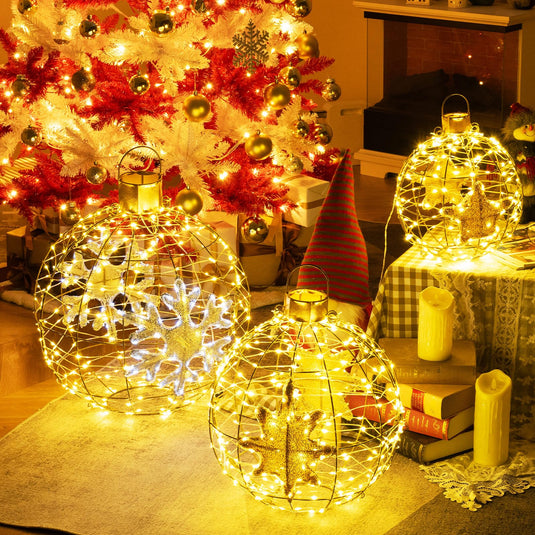 Large Spherical Wire Lanterns with Snowflakes and Fairy Lights — Christmas Lantern Lights