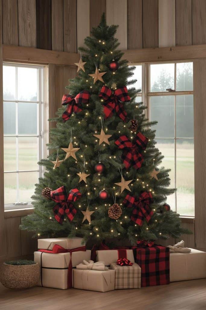 Farmhouse Christmas Tree with Buffalo Check Bows — Rustic Christmas Decor