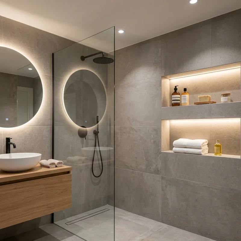 Minimalist Shower with Frameless Glass and Floating Vanity — Shower Room Ideas