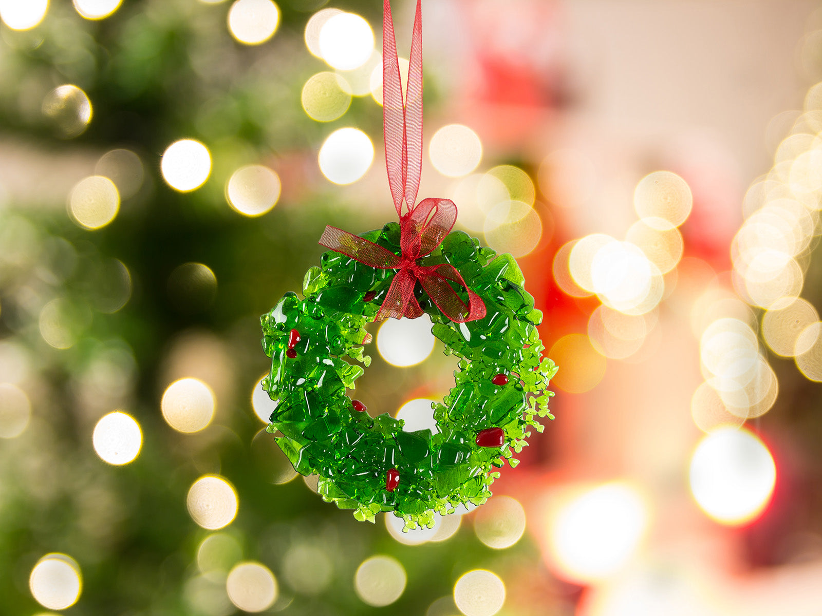 Vibrant Red Glass Christmas Ornament with Frosted Tree Branch — Traditional Christmas Decor