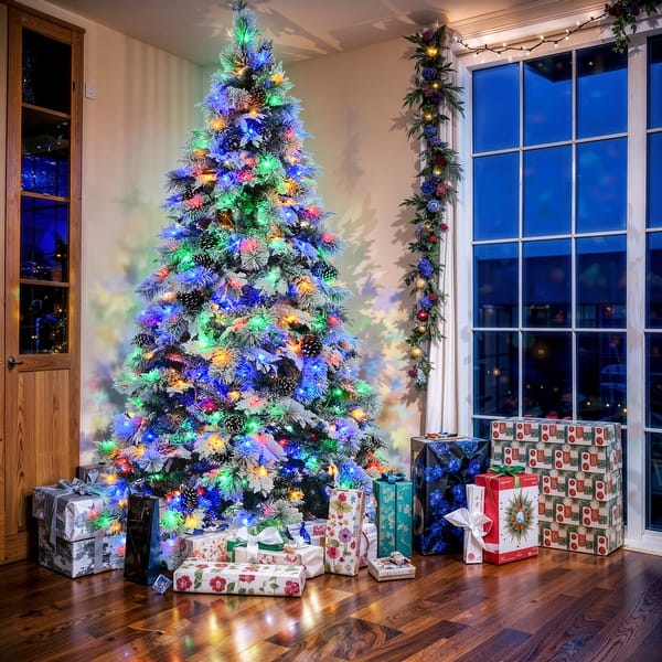 Snow-Flocked Tree Densely Lit with Multicolor LEDs Snow-Flocked Tree Densely Lit with Multicolor LEDs — Christmas Tree with Colored Lights