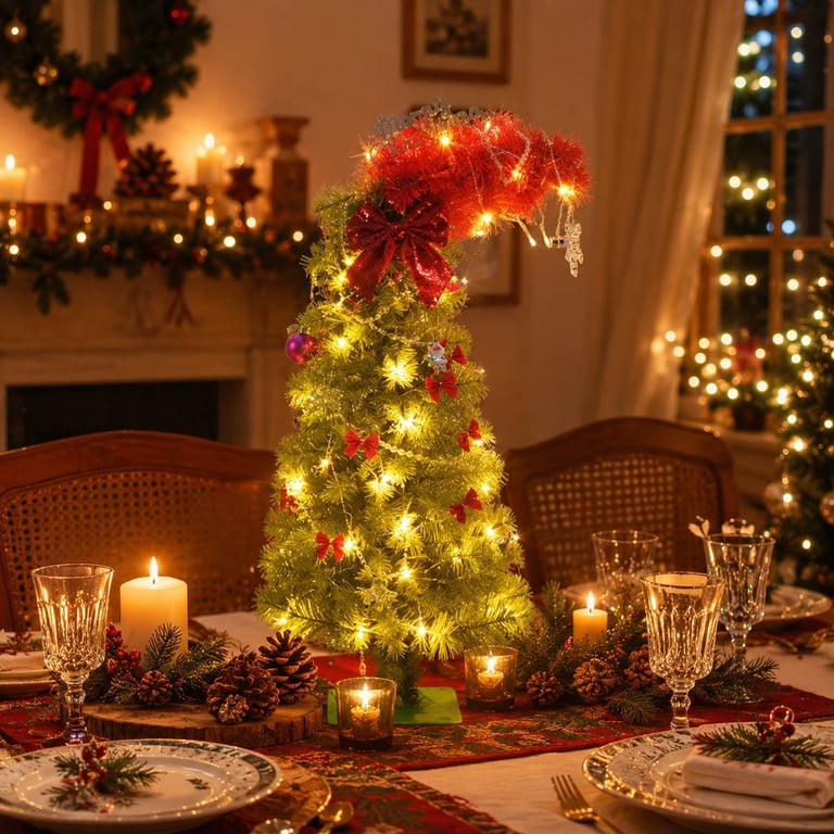 Tinsel Tree Table Centerpiece with Fairy Lights — Whimsical Christmas Decor